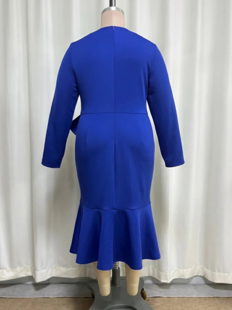 Women’s elegant mermaid dress by Showlu Smart General featuring beading, V-neck, long sleeves, peplum, and bow waist for formal occasions.