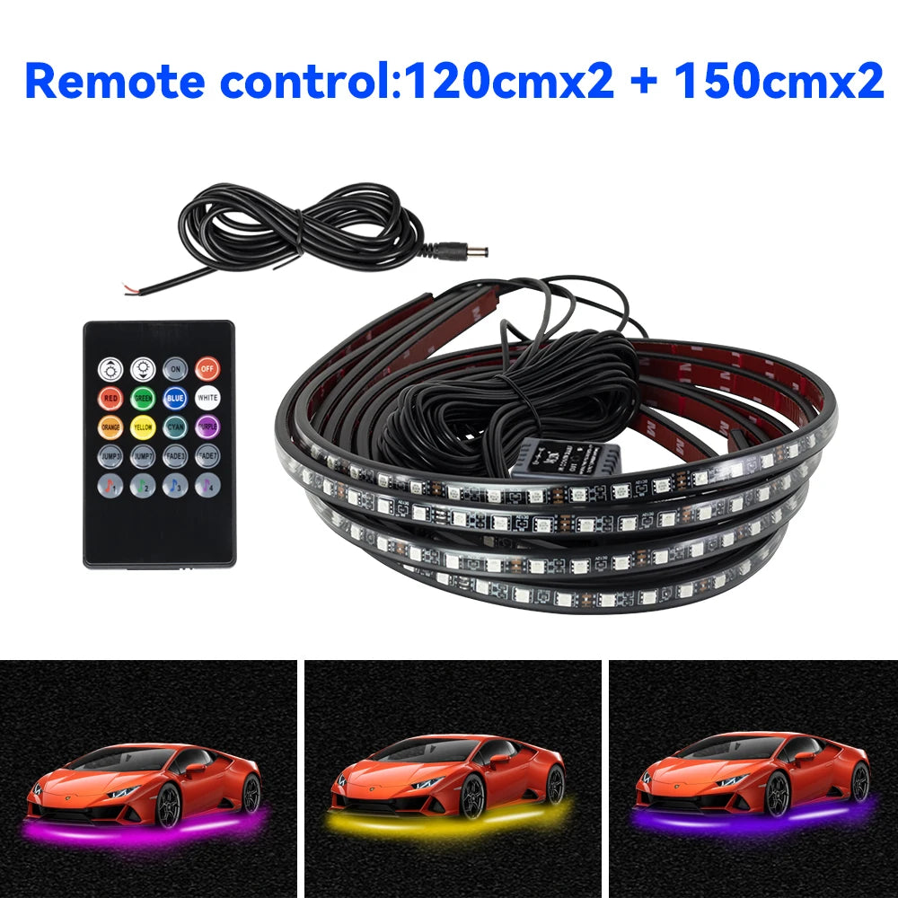Showlu Smart General Car Underglow LED Kit illuminated under a vehicle, showcasing vibrant multicolor lighting for automotive customization.
