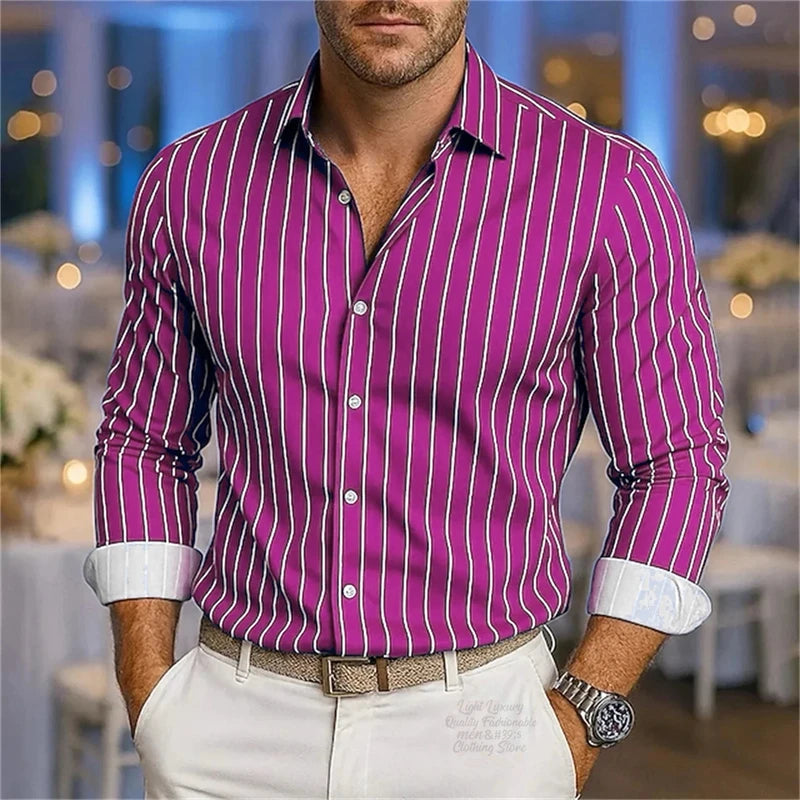 Men's striped casual shirt with breathable fabric, long sleeves, lapel collar, stylish button-down design by Showlu Fashion.