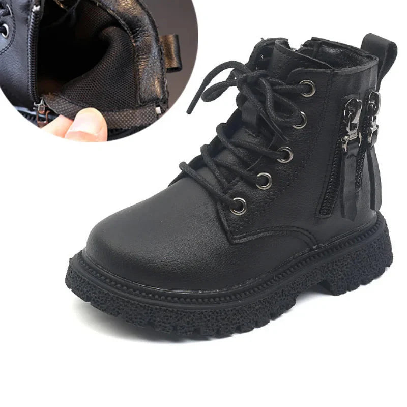 Kids rubber ankle boots by SHOWLU FASHION STORE, warm winter shoes with double zippers and sturdy soles.