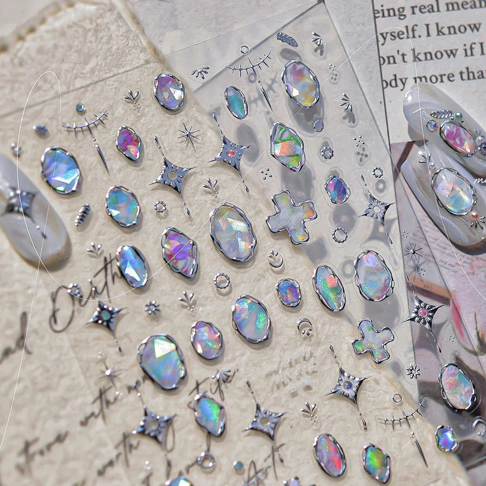 Elegant gold scepter 5D nail art stickers with gemstone patterns and self-adhesive manicure decals for luxurious nail decor.