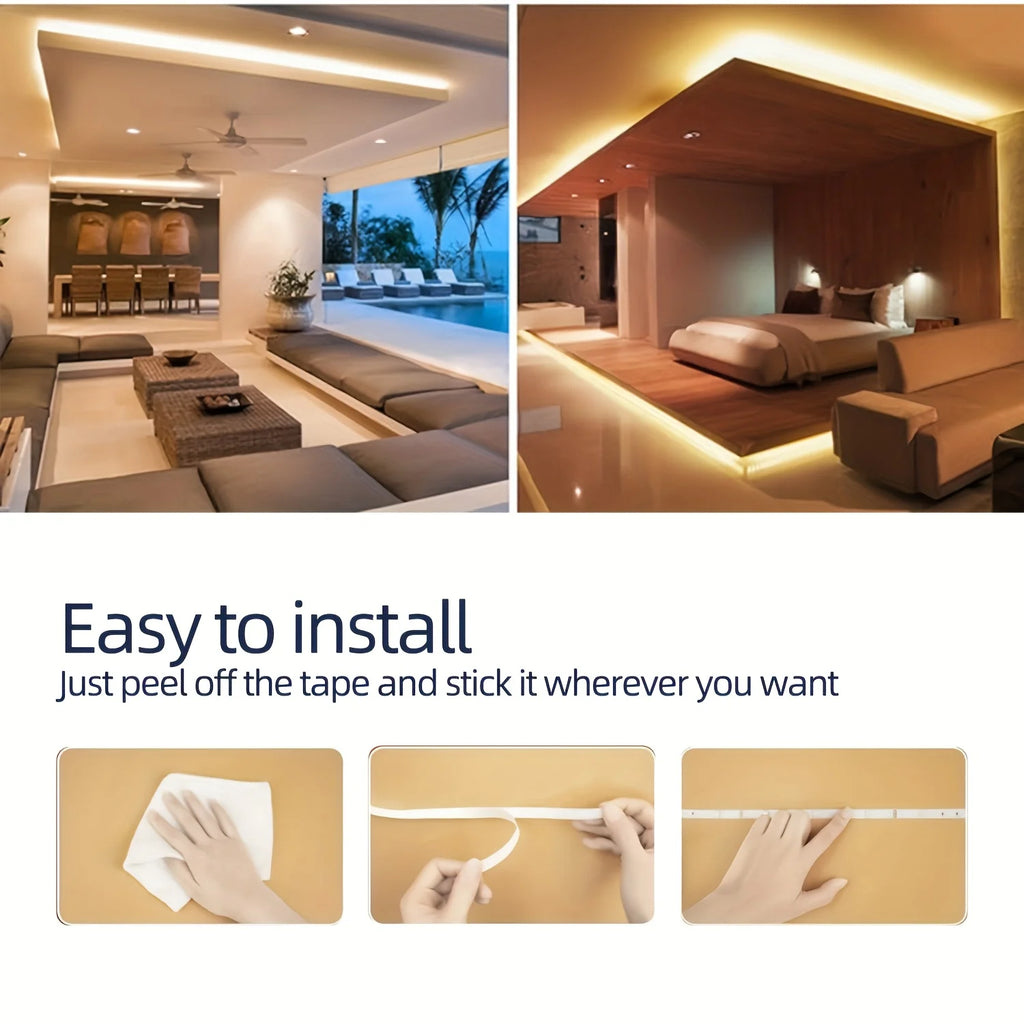 Flexible USB LED strip light in warm white from Showlu Smart General, showing the 5V tape with adhesive backing and LED bulbs.