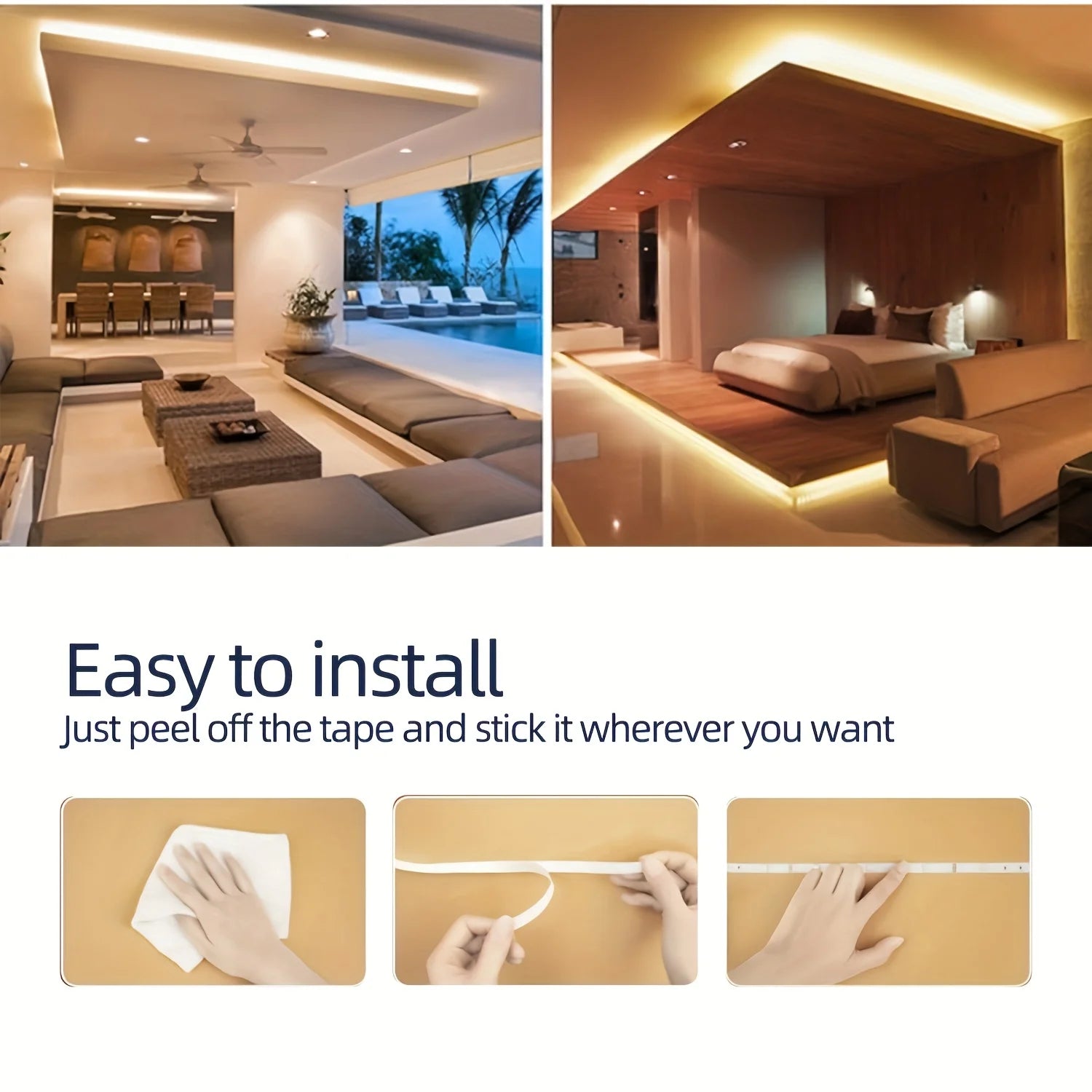 Flexible USB LED strip light in warm white from Showlu Smart General, showing the 5V tape with adhesive backing and LED bulbs.
