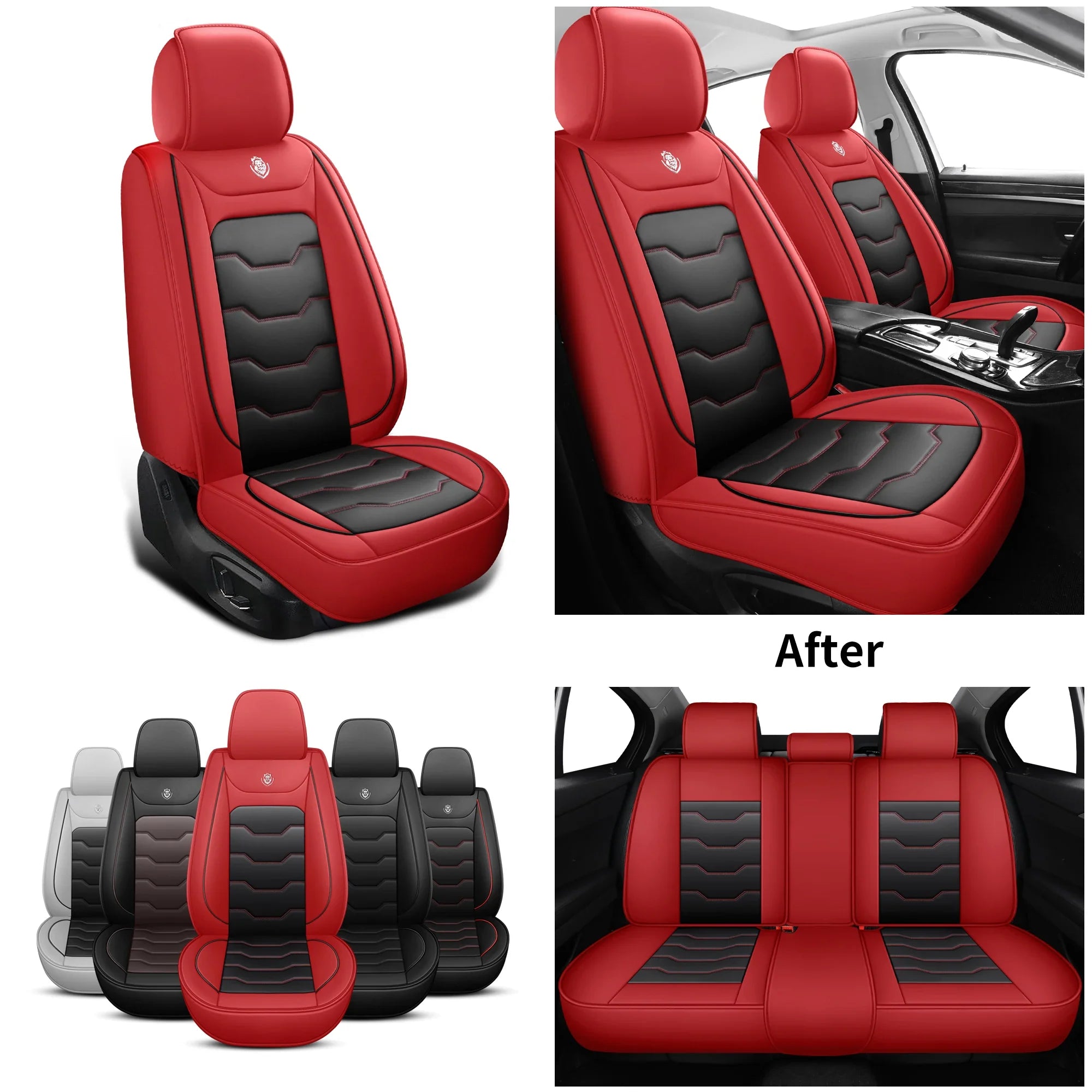 A set of red and black artificial leather car seat covers for a five-seater vehicle.
