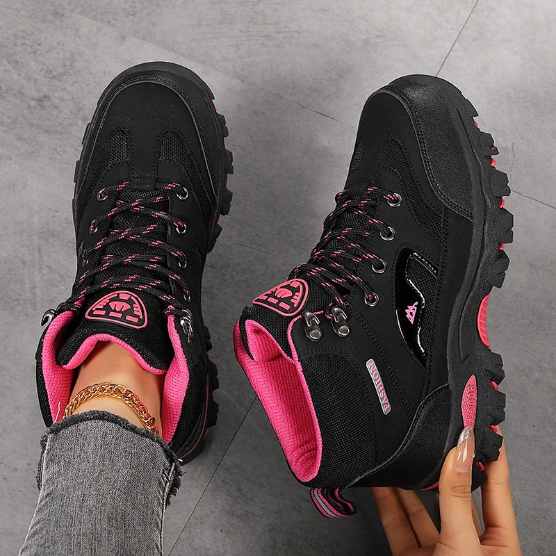Women waterproof hiking and work boots with non-slip soles, ankle height, and safety features, ideal for outdoor walking and hiking.
