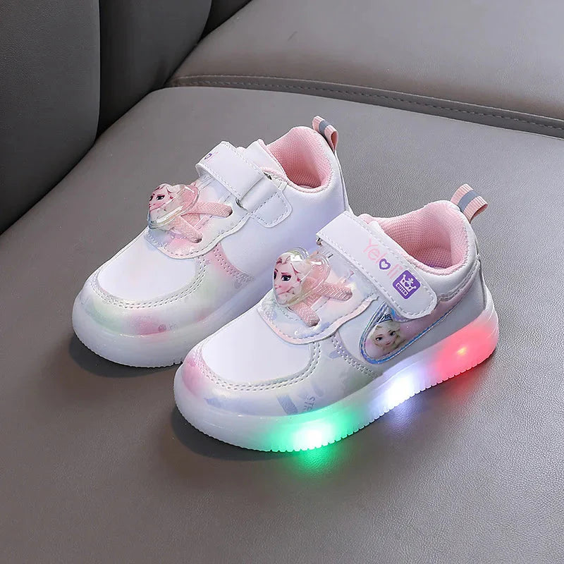 Disney Frozen Elsa girls LED light-up sneakers with breathable sport shoes design, featuring Elsa and snowflake details.