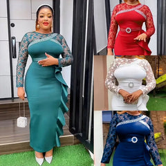 African Dresses For Women Summer Autumn Africa Clothing Long Sleeve Lace Sexy O-Neck Perspective Slim Dress Office Lady Party