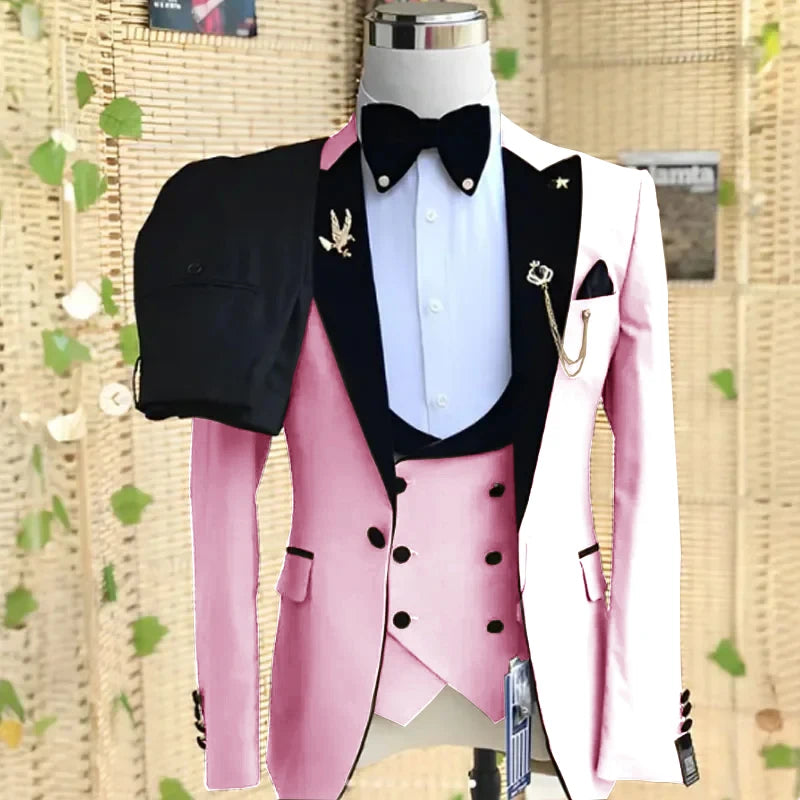Beige formal men's 3-piece suit with peaked lapel, blazer, pants, and vest, ideal for weddings, business, or parties.