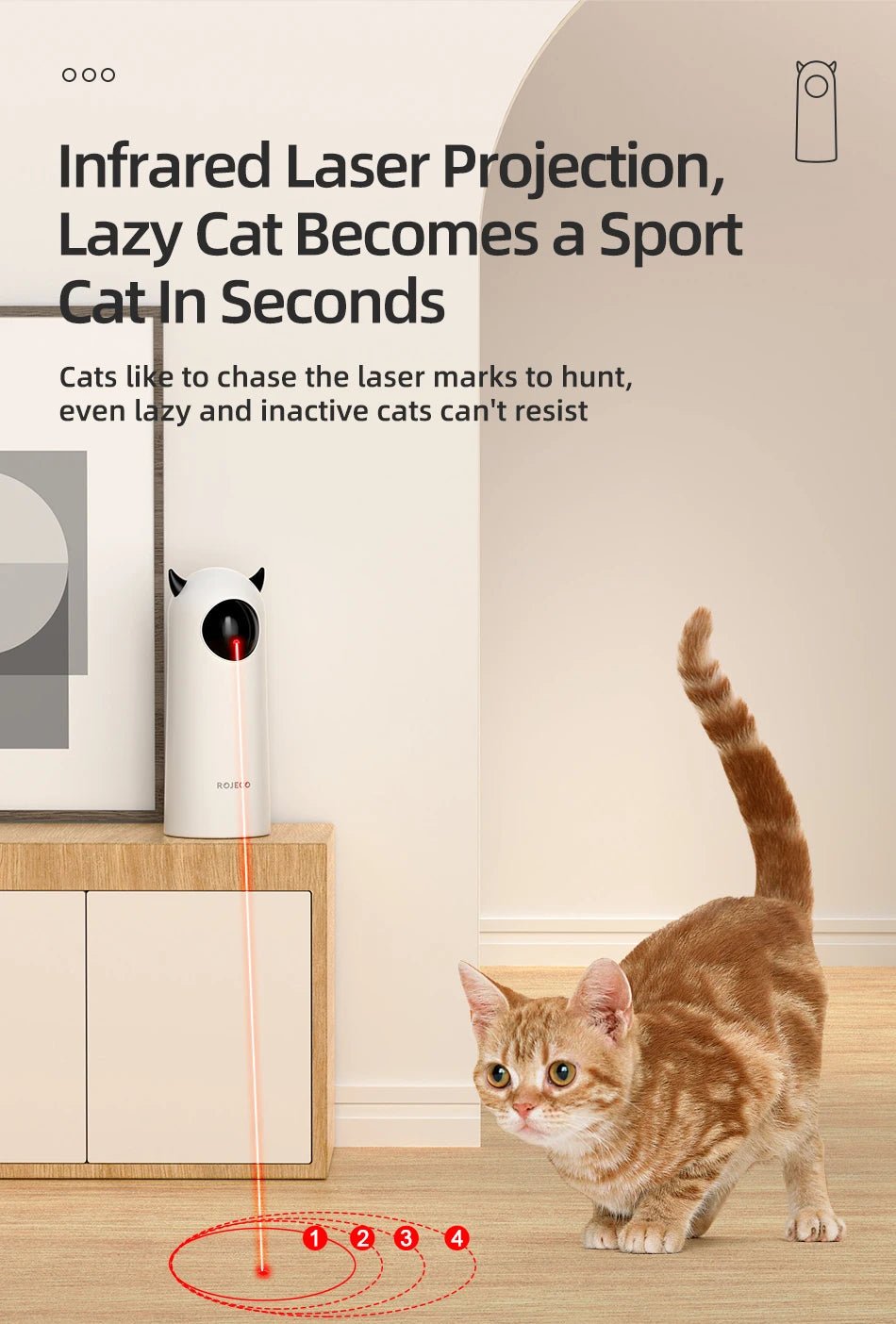 Showlu Smart General ROJECO automatic cat laser toy with rotating laser pointer for indoor play and entertainment for cats.