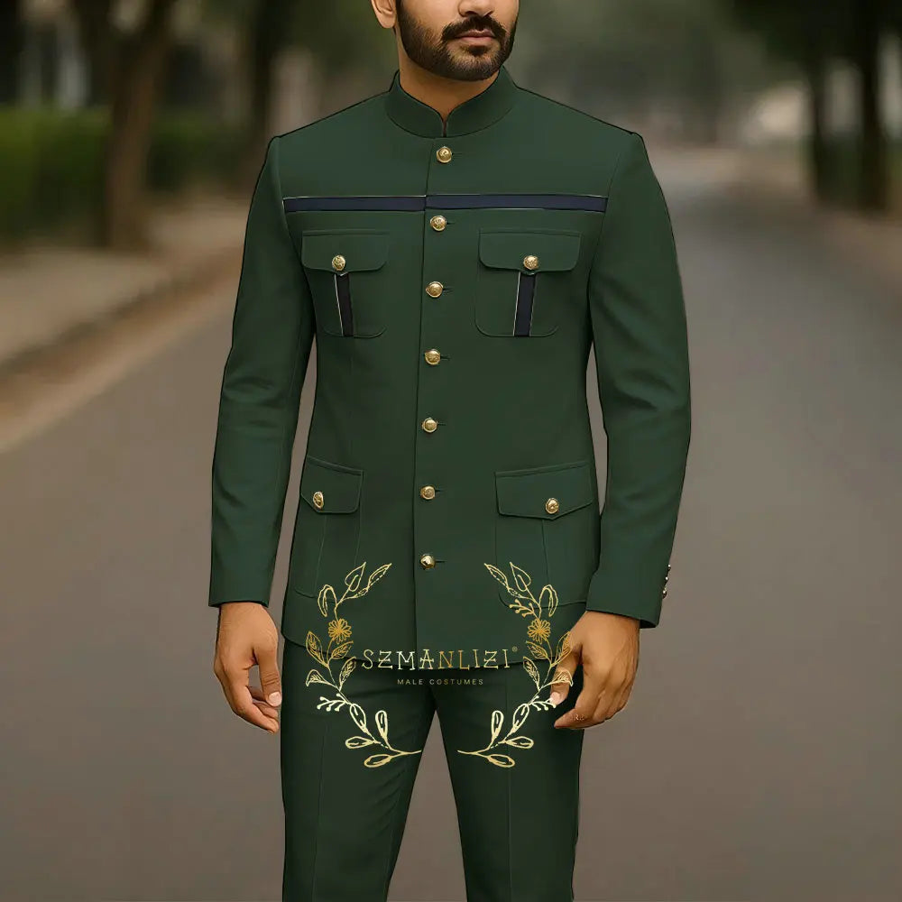 White single-breasted men's suit with stand collar, jacket and pants, suitable for business, wedding, or formal occasions.