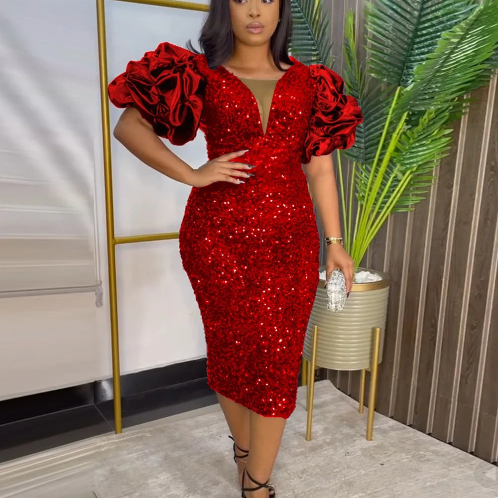 Dress Women Gown Dresses Mid Length Vestidos Slim Night Off Shoulder Puff Sleeve Hip Wrap Sequin Elegant Splice Evening Party