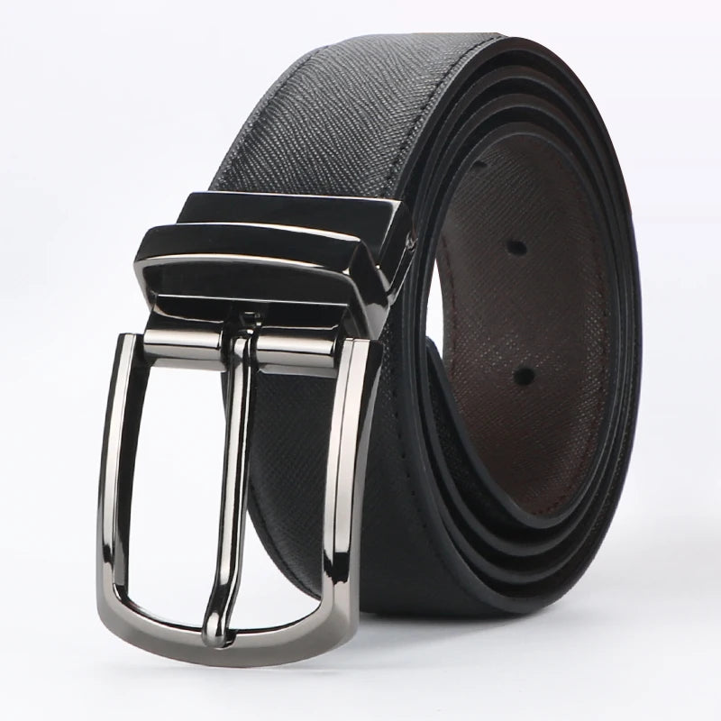 Men's genuine leather cowhide belt with rotating pin buckle, double-sided casual business belt for men.