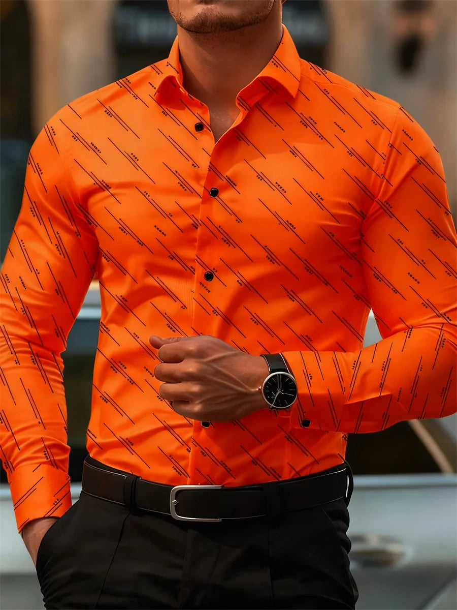 Men's long sleeve fashion shirt with geometric line print, versatile casual and office wear by Showlu Fashion Store.