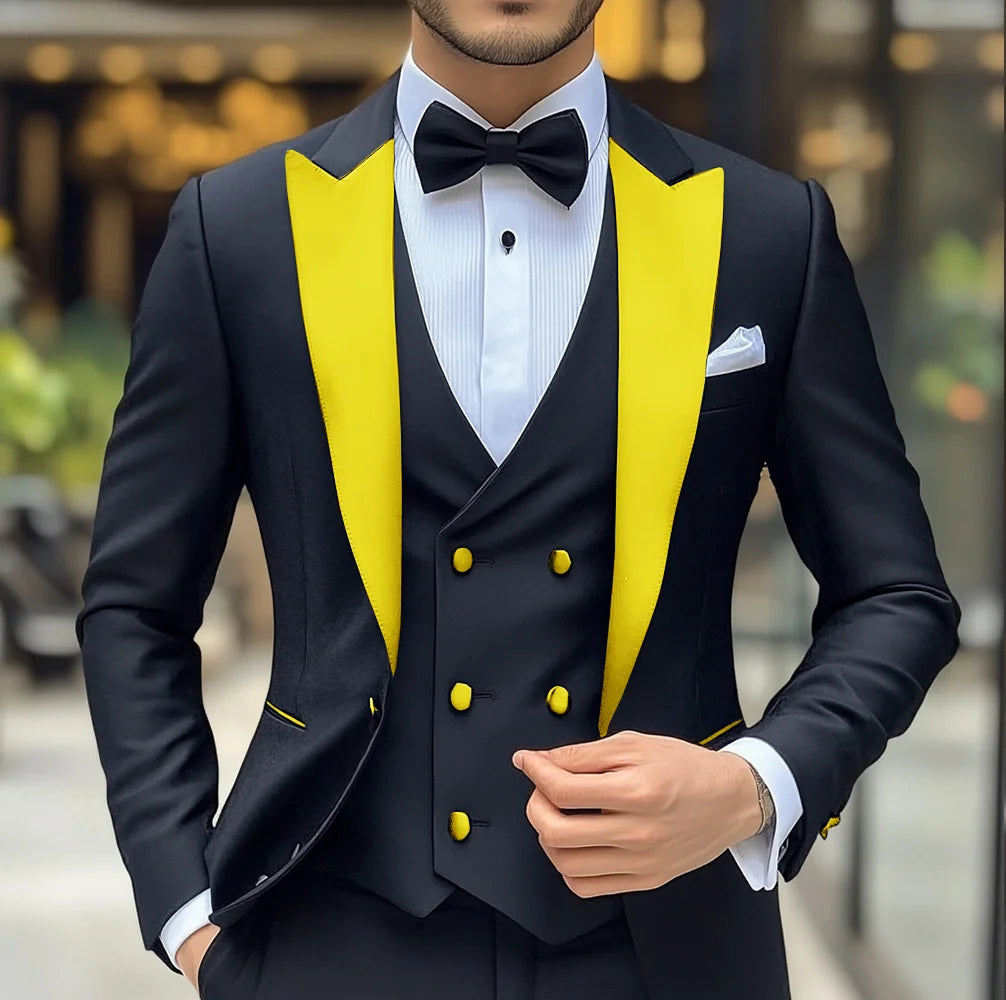 Black men's wedding tuxedo suit with blazer, vest, and pants from Showlu Fashion, featuring slim fit and peak lapel details