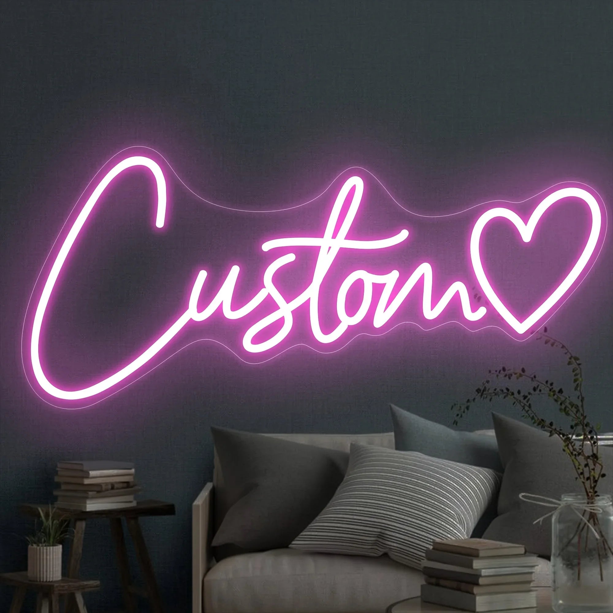 Custom LED neon sign by Showlu Smart General with glowing, colorful lettering on a dark background for stylish home decor.