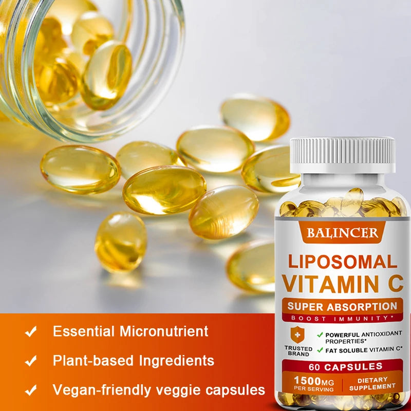 Liposomal Vitamin C capsules supporting collagen, skin health, immune system, and antioxidant protection.