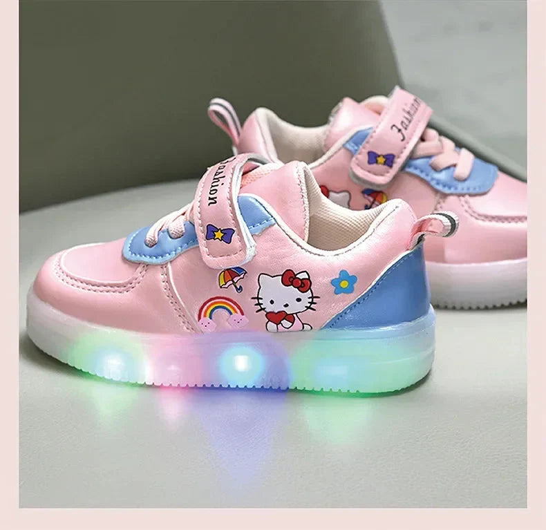 Lighted Miniso Hello Kitty canvas sneakers for kids with soft soles and LED lights, featuring a cute Hello Kitty design.