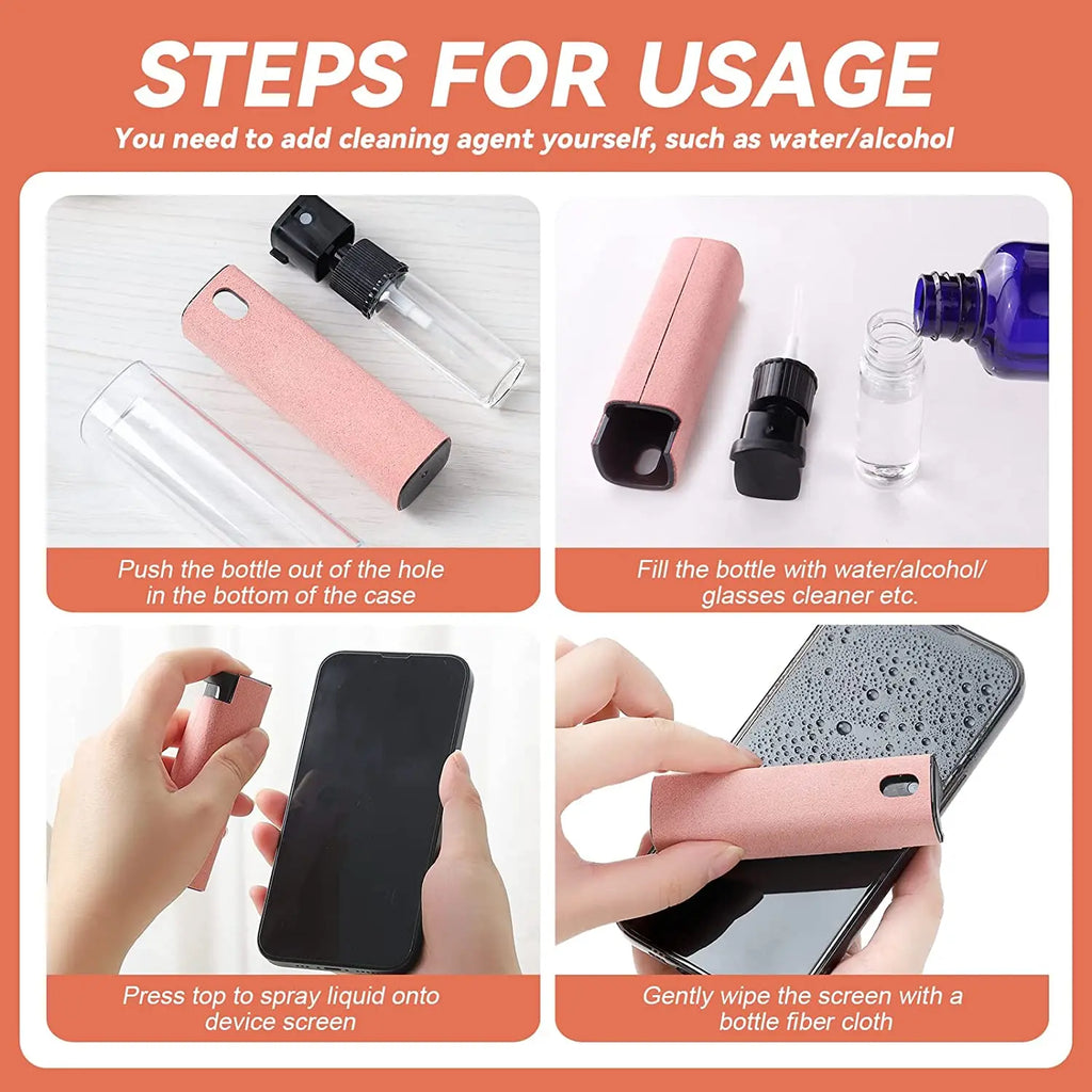 Showlu Fashion Store 2-in-1 mobile phone screen cleaner spray bottle with microfiber cloth for iPhone, iPad, and MacBook screen cleaning.
