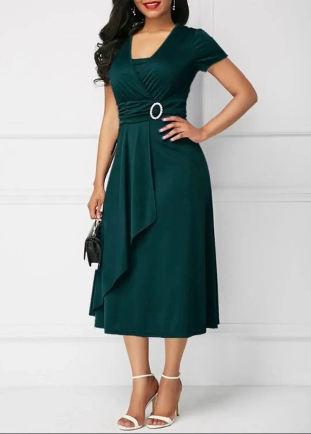 Women's V-neck chiffon midi dress by SHOWLU FASHION STORE, solid color A-line style perfect for parties and special occasions.
