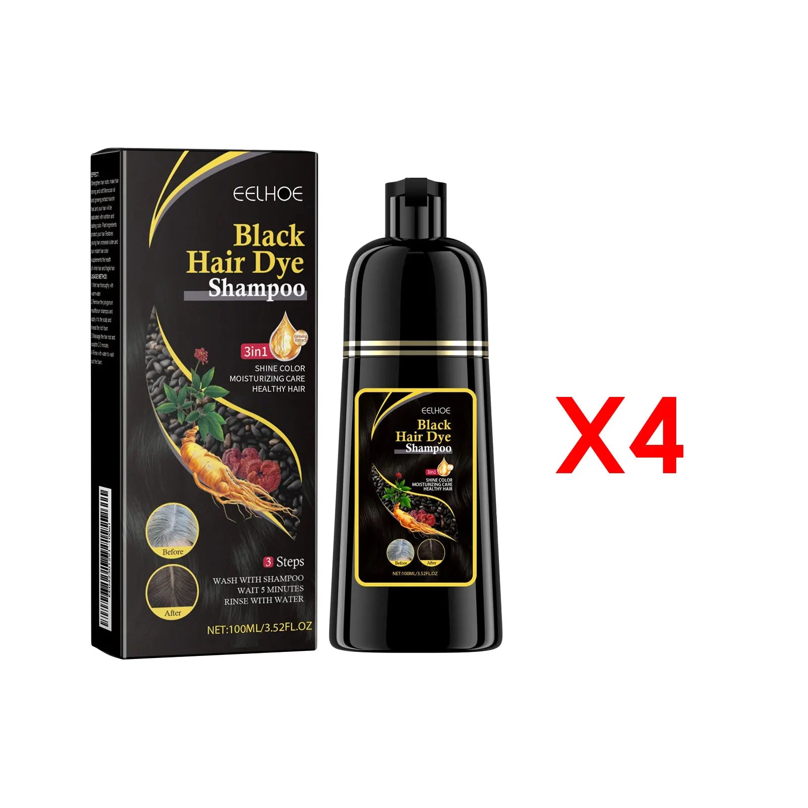 EELHOE 3-in-1 natural plant hair dye shampoo for grey coverage, 100ml, with herbal ingredients for gentle hair coloring.