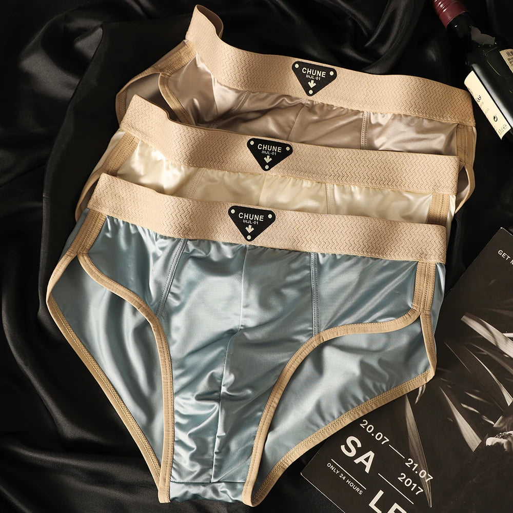 Luxury satin-like men's briefs with breathable mesh crotch, soft elastic fabric, and ice silk material in a 3-pack.