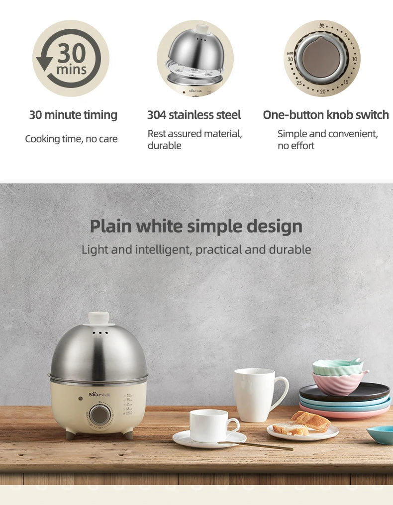 Showlu Smart Stainless Steel Electric Egg Boiler with 360W power, timer, and capacity for 4-6 eggs.