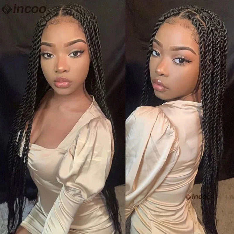 Senegalese twist lace front wig with Kanekalon fiber, shown on model, featuring long, braided hairstyle in natural tones.