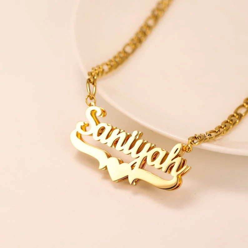 Showlu Custom Double Name Plate Necklace in 3D stainless steel jewelry with personalized engraved names and sleek design.