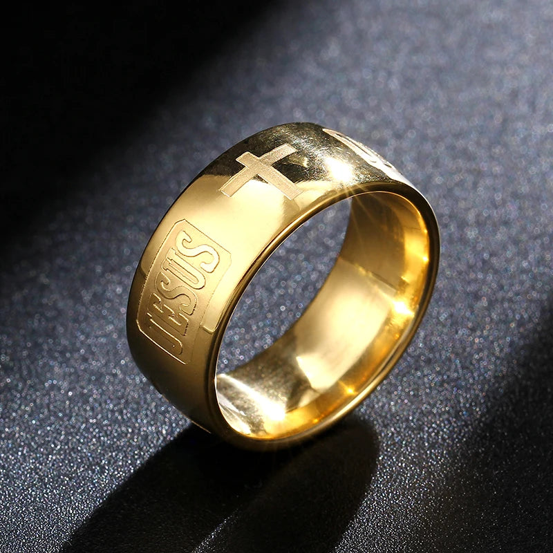 Unisex Mango Sky Titanium Steel Christian Cross Bible Ring with 8mm band, featuring a sleek and durable design.