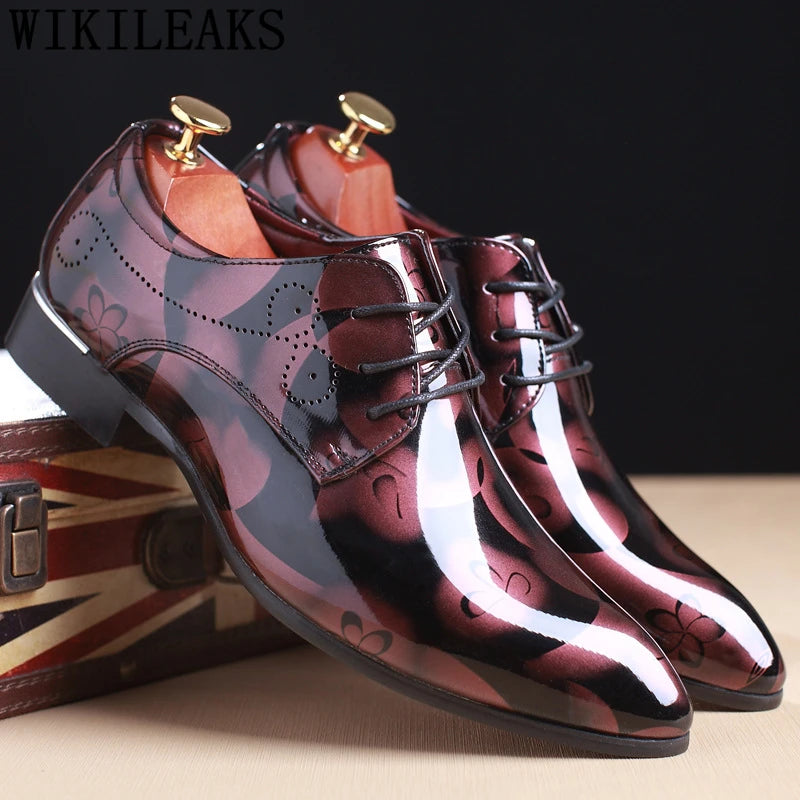 Men's floral patent leather Oxford shoes by Showlu Fashion Store, formal wedding dress shoes with intricate floral design.