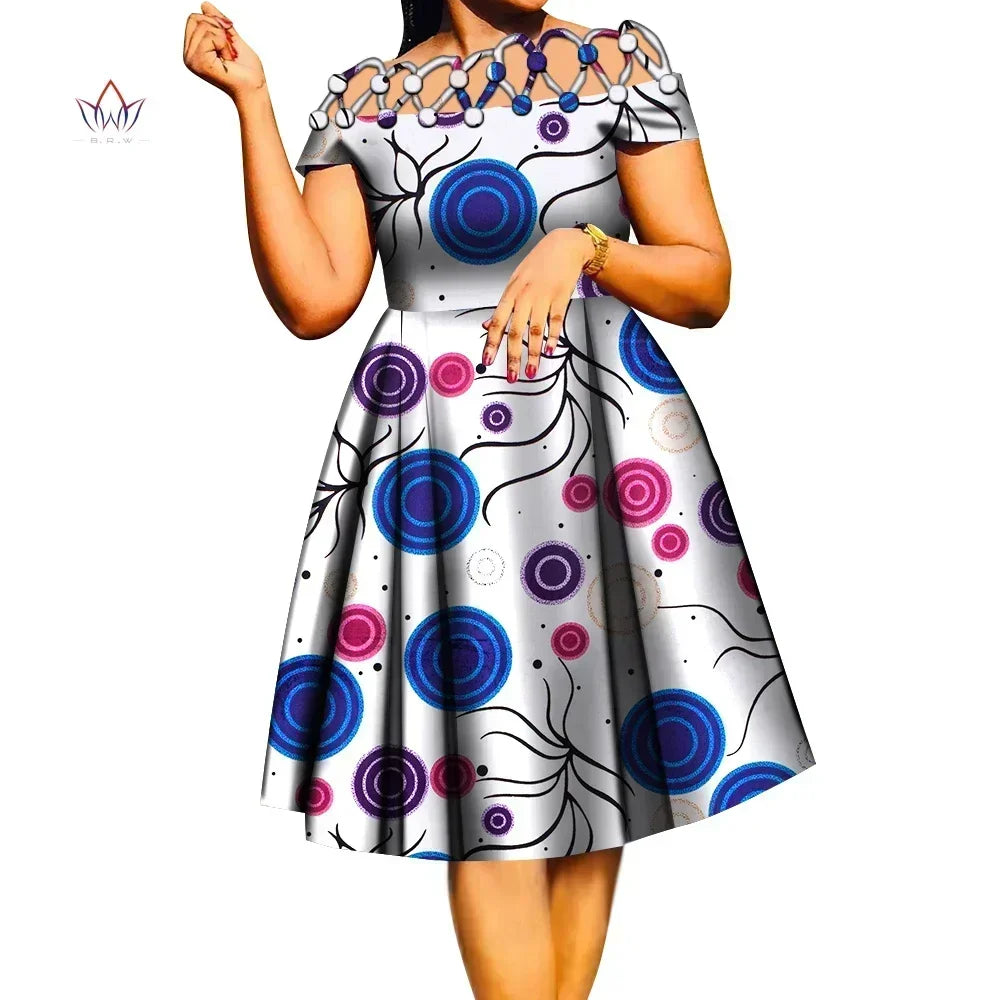 BintaRealWax African Dresses for Women Cotton Rope Weaving Collar African Print Wax Clothing Knee-Length Lady Dress WY335
