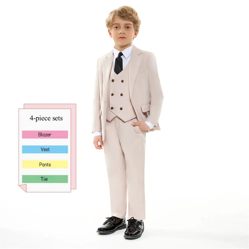 Beige boys' 4-piece formal suit set by SHOWLU FASHION STORE, includes tuxedo jacket, vest, shirt, and pants for weddings.