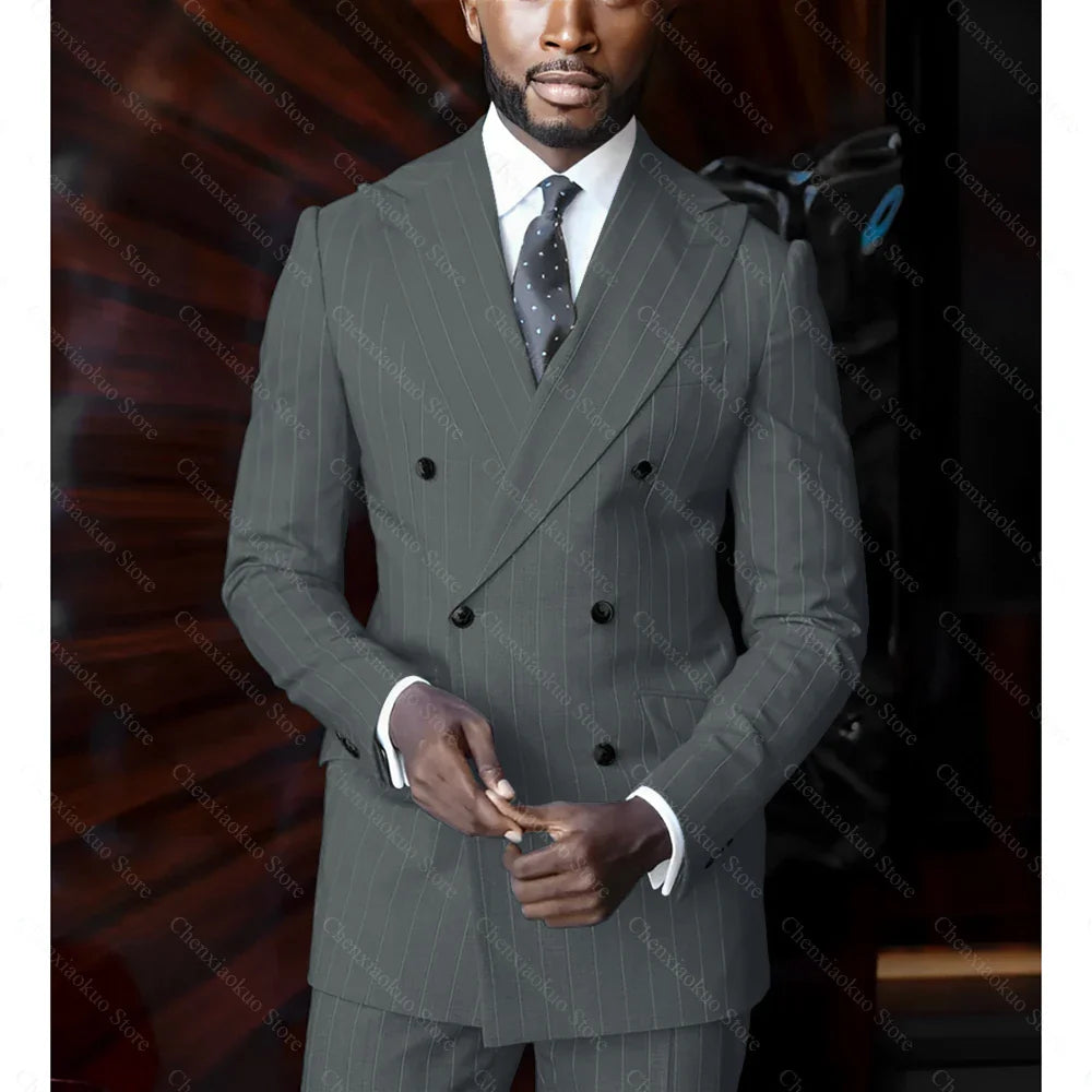 Blue pinstripe men's suit by SHOWLU FASHION STORE, double-breasted slim fit 2-piece suit with notch lapel and tailored design.