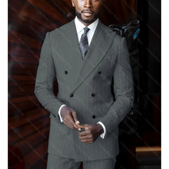 Blue Striped Men Suits Chic Double Breasted Peak Lapel Outfits Business Casual Wedding Formal Pinstripe Male Suit 2 Piece
