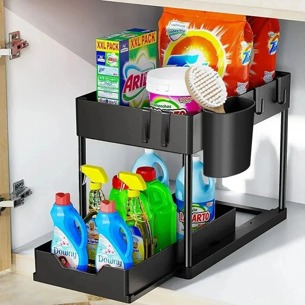 Showlu Smart General under sink organizer rack with multiple compartments for kitchen or bathroom storage.