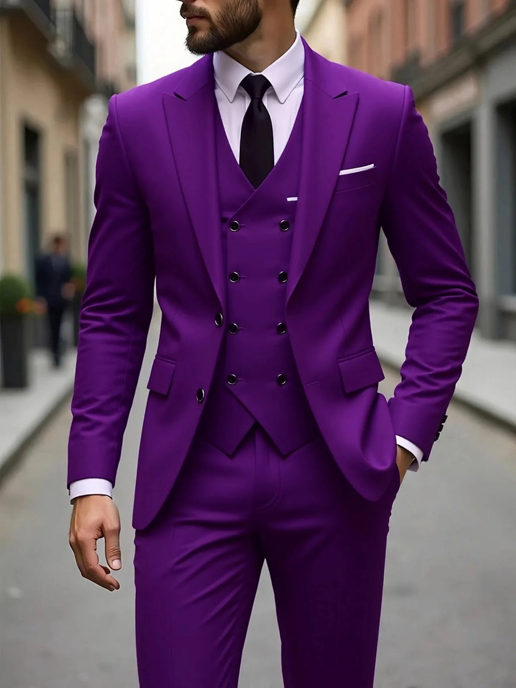 Classic men's wedding tuxedo with slim fit jacket, vest, and pants, ideal for grooms, groomsmen, or formal business occasions.