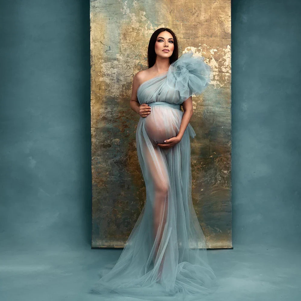 Sexy one-shoulder mesh maternity photography dress by Showlu Fashion, featuring a flowy design and elegant fit.