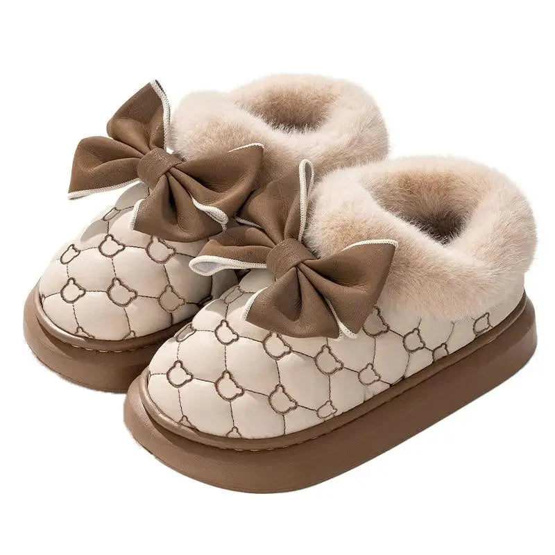 Women's platform snow boots with bowknot design and furry lining, SHOWLU FASHION STORE winter booties for cold weather.