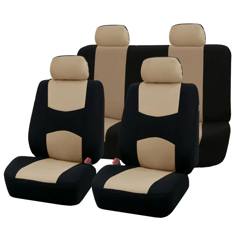 Universal car seat covers by SHOWLU FASHION STORE, 9-piece polyester cloth set, showing black and gray seat protection on vehicle seats.