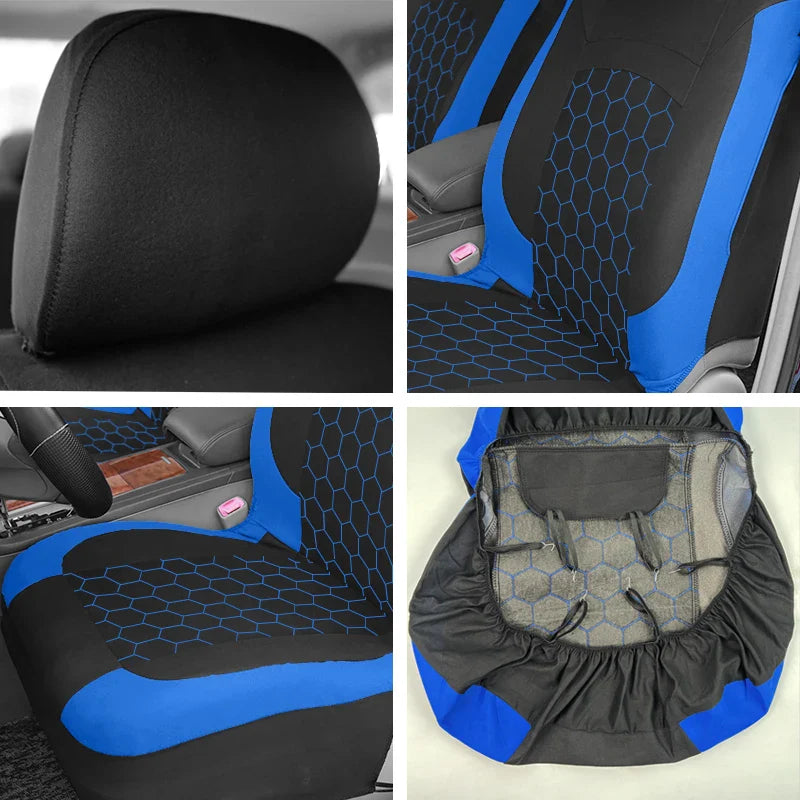 Auto Plus Universal Football Pattern Car Seat Covers in polyester, four-pack, featuring sporty football design for car interior protection.