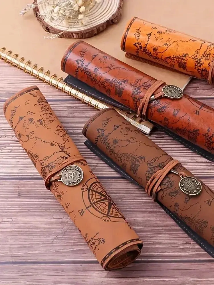 Showlu Retro Treasure Map leather roll pencil case with large stationery bag, featuring vintage map design and multiple compartments.