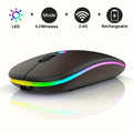 Wireless gaming mouse with RGB backlight, ergonomic design, USB rechargeable, silent buttons, suitable for laptop and PC use.
