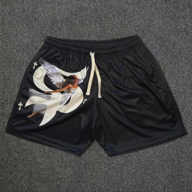 Showlu Faith Goddess cross print basketball shorts in quick-dry polyester, featuring vibrant goddess-themed design and comfortable fit.