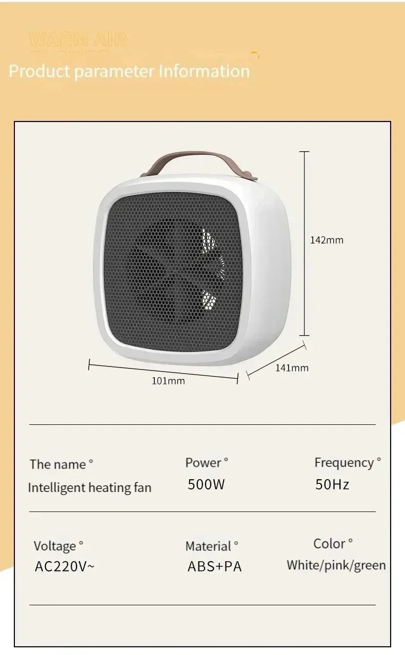 Mini 500W portable fan heater by Showlu Smart General, compact heater with adjustable temperature and airflow settings.