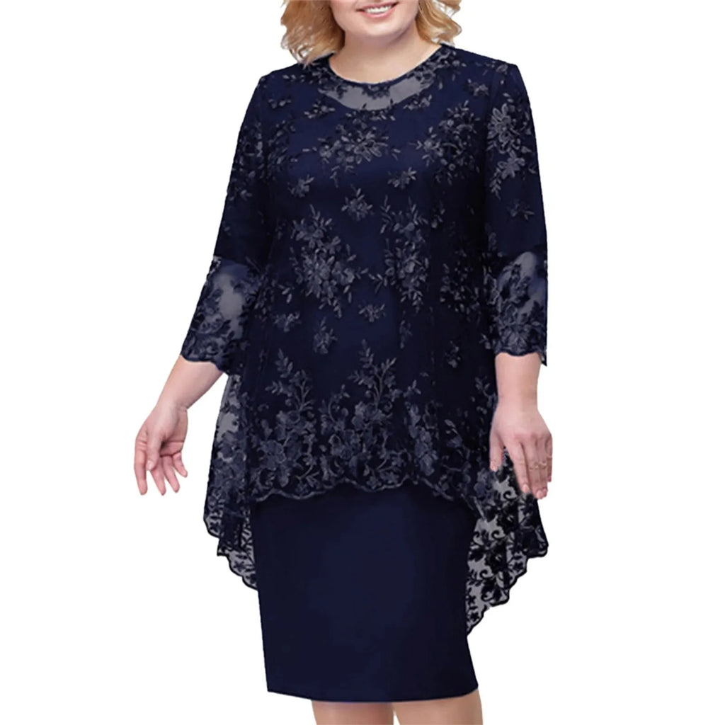 Elegant women's lace embroidery evening dress in knee-length A-line style, showcasing intricate lace details and a flattering fit.