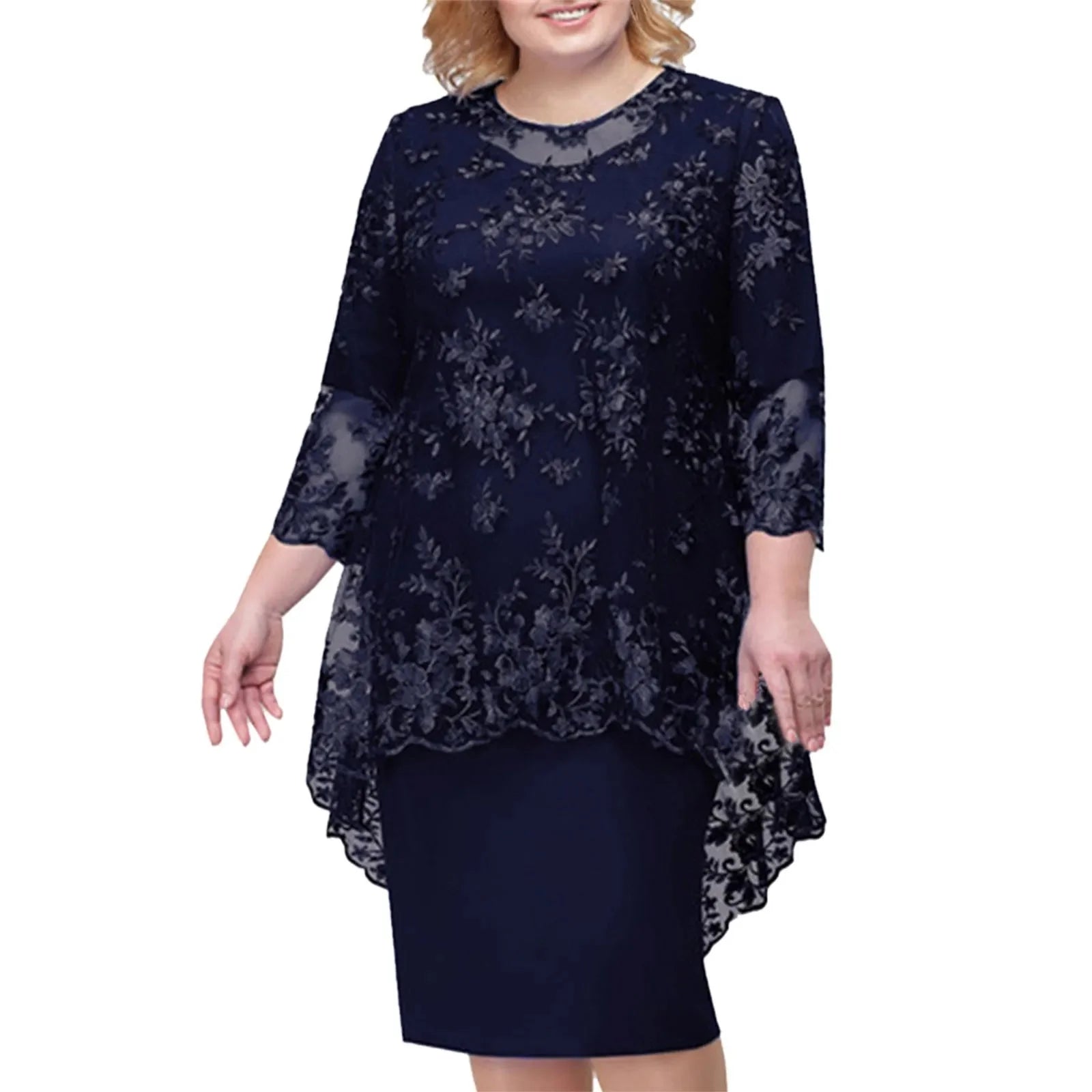 Elegant women's lace embroidery evening dress in knee-length A-line style, showcasing intricate lace details and a flattering fit.