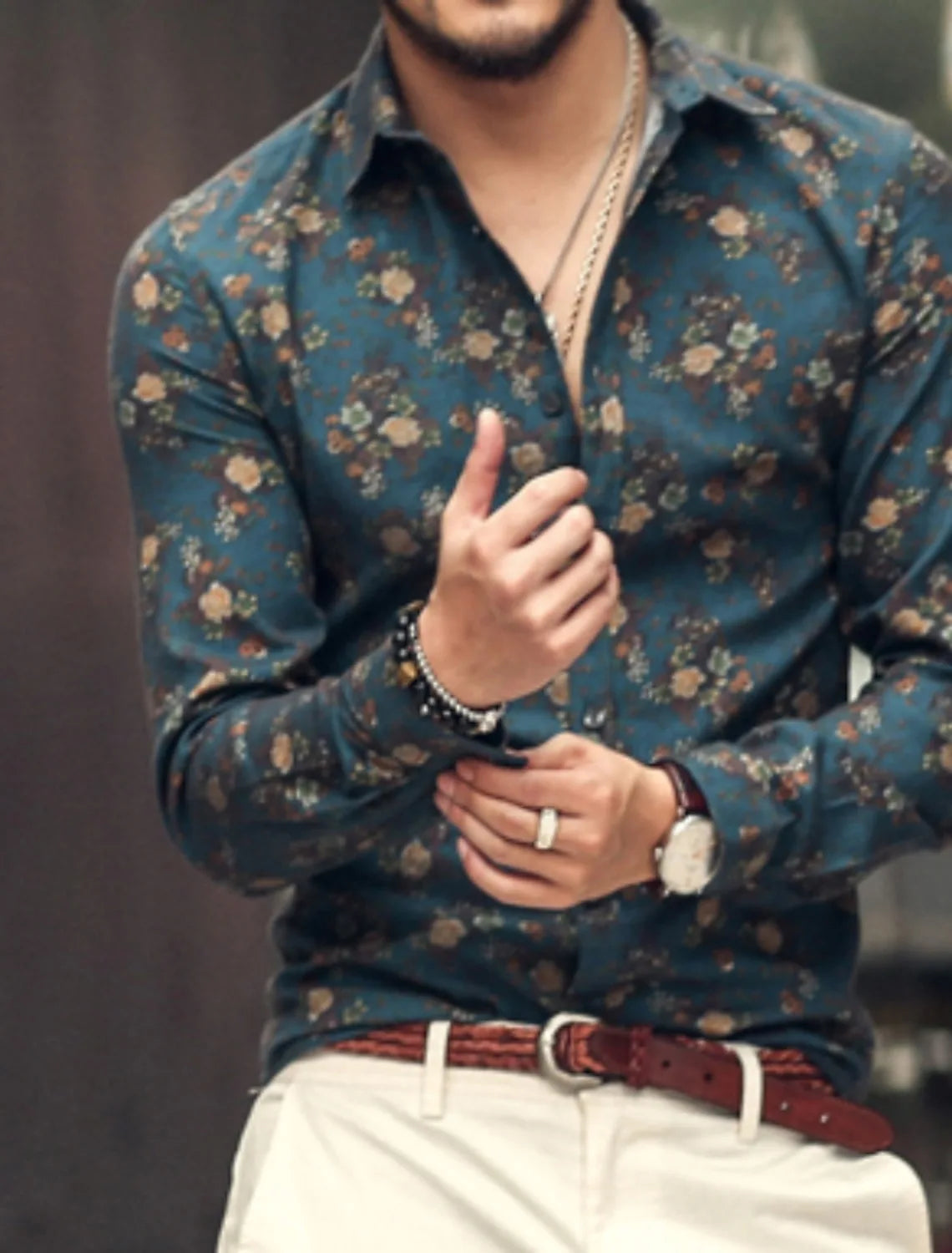 3D printed men's long sleeve Hawaiian shirt with floral design, comfortable flap top from Showlu Fashion Store