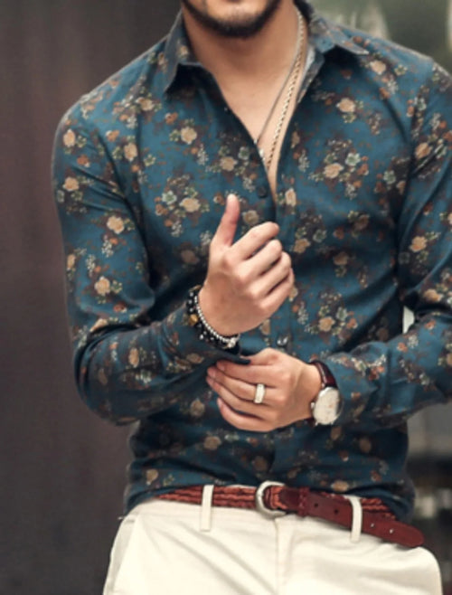 3D printed men's long sleeve Hawaiian shirt with floral design, comfortable flap top from Showlu Fashion Store