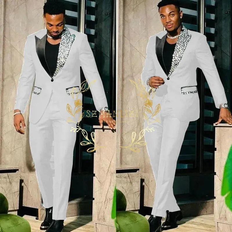 Black men's slim fit blazer and pants set featuring a single-breasted design with peak lapel for formal and prom occasions.