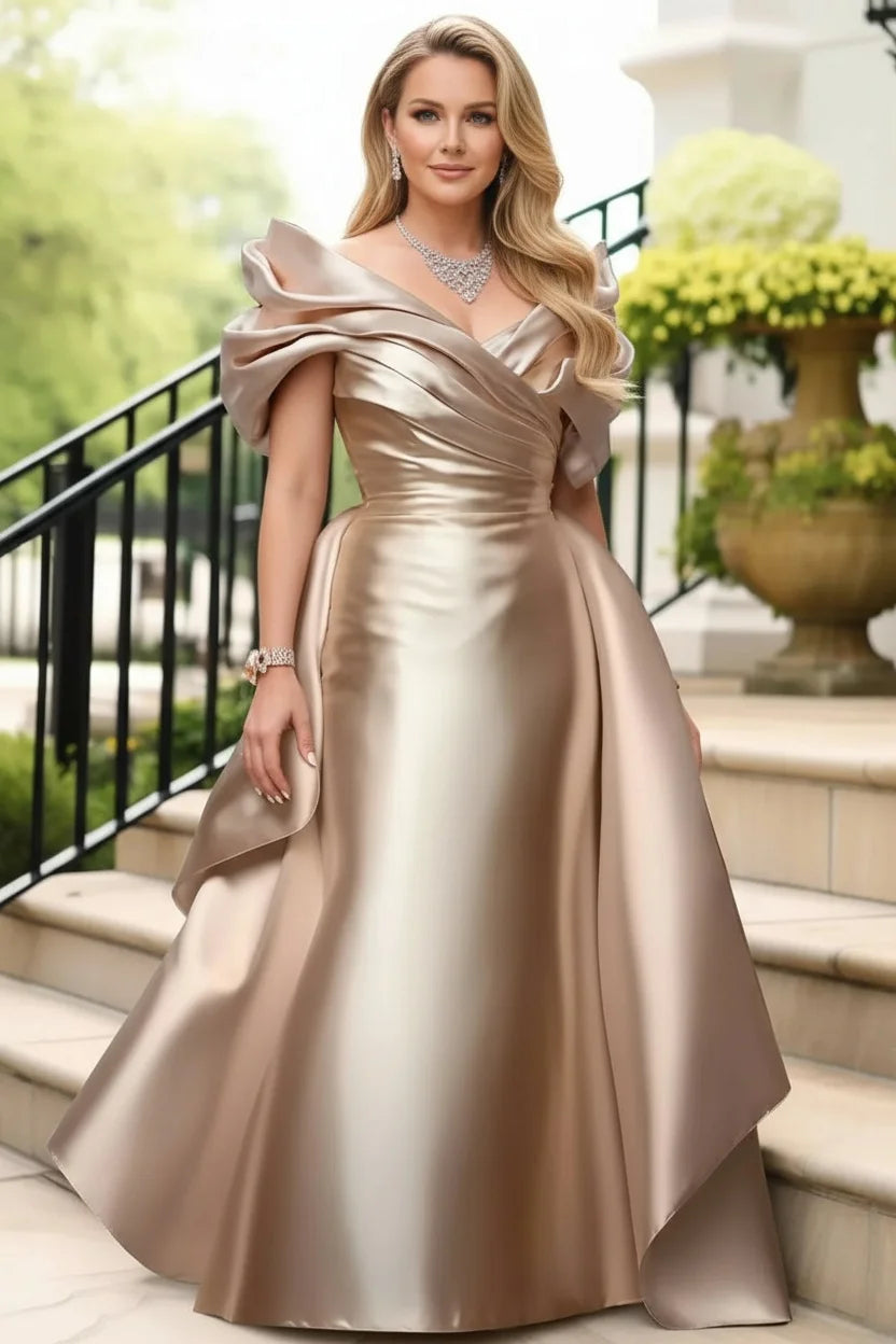 Plus size satin evening dress for women with off-shoulder puff sleeves, solid color, elegant cocktail or wedding guest maxi dress